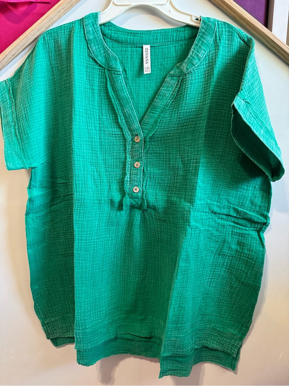 Zenana Outfitters Emerald Green Cotton Gauze Henley Tunic